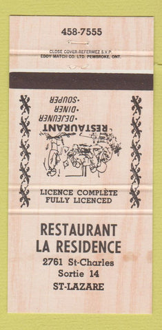 Matchbook Cover - Restaurant La Residence St Lazare QC WEAR 30 Strike