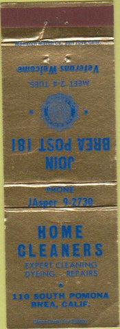 Matchbook Cover - American Legion Brea Post 181 Brea CA dry cleaning