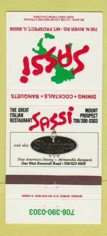 Matchbook Cover - Sassi Italian Restaurant Sharko's Mount Prospect IL 30 Strike