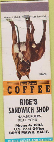 Matchbook Cover - Rice's Sandwich Shop Bryn Mawr CA Hamburgers