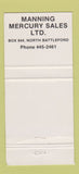 Matchbook Cover - 1978 Zephyr Manning Mercury North Battleford SK 30 Strike