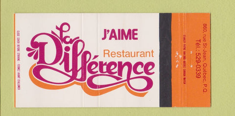 Matchbook Cover - J'Aime Restaurant LA Difference Quebec QC 30 Strike