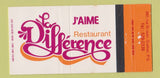 Matchbook Cover - J'Aime Restaurant LA Difference Quebec QC 30 Strike
