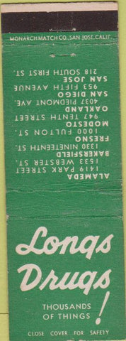 Matchbook Cover - Long's Drugs CA chain Modesto Oakland San Jose