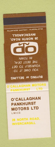 Matchbook Cover - O'Callaghan Pankhurst Motors Invercargill New Zealand SAMPLE