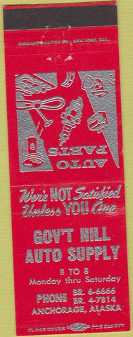 Matchbook Cover - Gov't Hill Auto Supply Anchorage AK red