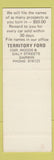 Matchbook Cover - Territory Ford Darwin Australia SAMPLE