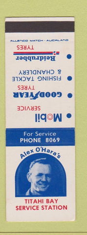 Matchbook Cover - Alex O'HAra's Mobil oil gas Goodyear Tires New Zealand SAMPLE