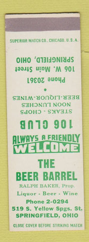 Matchbook Cover - The Beer Barrel Springfield OH 106 Club SAMPLE