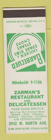 Matchbook Cover - Zarman's Restaurant Deli BBQ SAMPLE