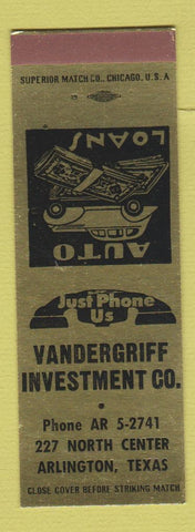 Matchbook Cover - Vandergriff Investment Co Arlington TX SAMPLE