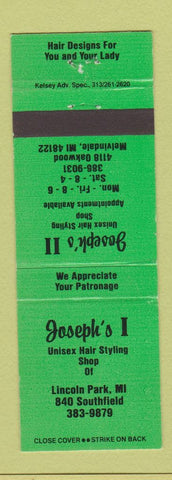 Matchbook Cover - Joseph's Hair Salon Lincoln Park Melvindale MI GREEN