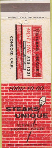 Matchbook Cover - Steaks Unique Concord CA