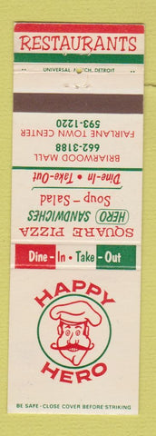 Matchbook Cover - Happy Hero Pizza sandwiches  Ann Arbor Dearborn MI