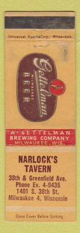 Matchbook Cover - Gettelman Beer Narlock's Tavern Milwaukee WI WORN