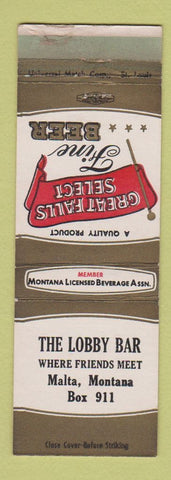 Matchbook Cover - Great Falls Select Beer Lobby Bar Malta MT WORN