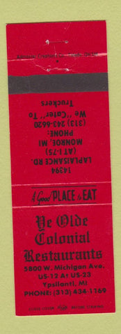 Matchbook Cover - Ye Olde Colonial Restaurants Ypsilanti MI Monroe RED