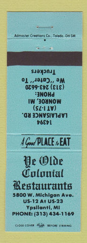 Matchbook Cover - Ye Olde Colonial Restaurants Ypsilanti MI Monroe TEAL