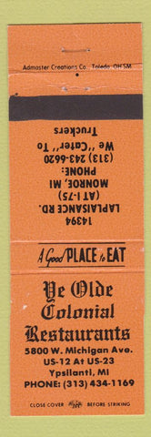 Matchbook Cover - Ye Olde Colonial Restaurants Ypsilanti MI Monroe ORANGE