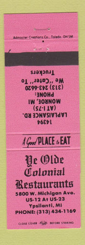 Matchbook Cover - Ye Olde Colonial Restaurants Ypsilanti MI Monroe PINK