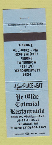 Matchbook Cover - Ye Olde Colonial Restaurants Ypsilanti MI Monroe BLUE