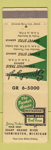 Matchbook Cover - Parker House Restaurant Farmington MI