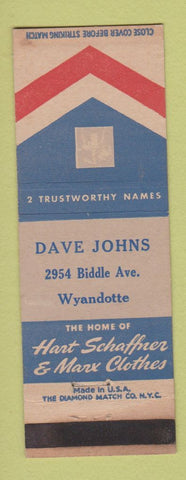 Matchbook Cover - Hart Schaffner Marx Men's Clothes Dave Johns Wyandotte MI