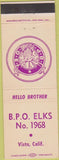 Matchbook Cover - Elks Lodge Vista CA
