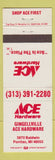 Matchbook Cover - Ace Hardware Gingellville Pontiac MI