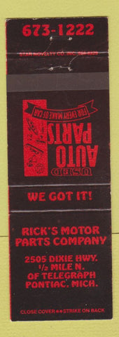 Matchbook Cover - Rick's Motor Parts Company Pontiac MI