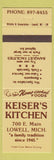 Matchbook Cover - Keiser's Kitchen Lowell MA