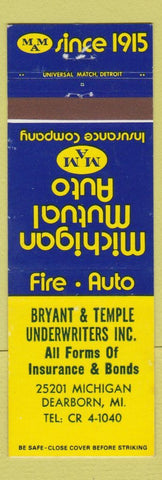 Matchbook Cover - Michigan Mutual Auto Insurance Bryant Temple Dearborn MI