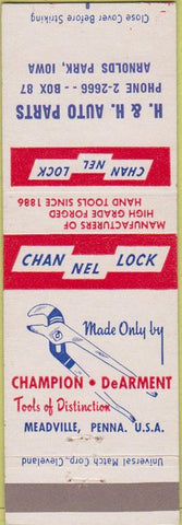 Matchbook Cover - H and H Auto Parts Arnolds Park IA Channel Lock