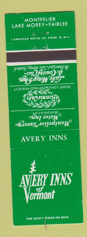 Matchbook Cover - Avery Inns of VT Montpelier Lake Morey Fairlee