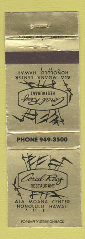 Matchbook Cover - Coral Reef Restaurant Honolulu Hawaii WORN