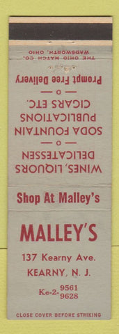 Matchbook Cover - Malley's Kearny NJ fountain deli