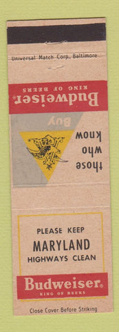 Matchbook Cover - Budweiser Beer Keep MD Maryland Highways Clean
