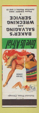 Matchbook Cover - Baker's Salvaging Wrecking pinup Corry