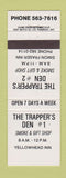 Matchbook Cover - Trapper's Den Yellowhead Inn Simon Fraser Inn