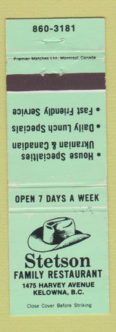 Matchbook Cover - Stetson Family Restaurant Kelowna BC GREEN WEAR