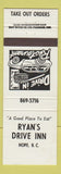 Matchbook Cover - Ryan's Drive Inn Hope BC