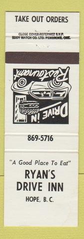 Matchbook Cover - Ryan's Drive Inn Hope BC