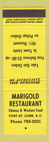 Matchbook Cover - Marigold Restaurant Chinese Fort St John BC