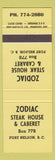 Matchbook Cover - Zodiac Steak House Cabaret Fort Nelson BC