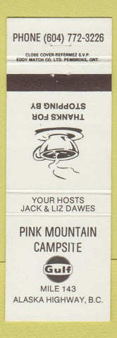 Matchbook Cover - Pink Mountain Camping Gulf oil gas Alaska Highway BC
