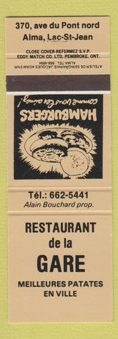 Matchbook Cover - Restaurant de la Gare Alma Lac St Jean QC WEAR