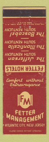 Matchbook Cover - Fetter Hotels Atlantic City NJ