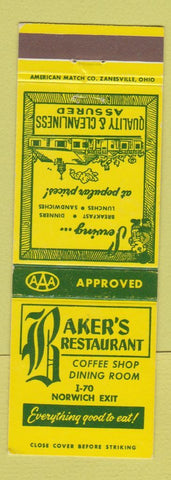 Matchbook Cover - Baker's Restaurant Norwich OH