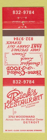 Matchbook Cover - Rick's Restaurant Detroit MI