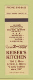 Matchbook Cover - Keiser's Kitchen Lowell MI